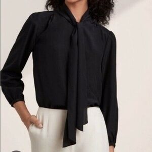 Babaton black long sleeve fitted blouse with mock neck and tie front